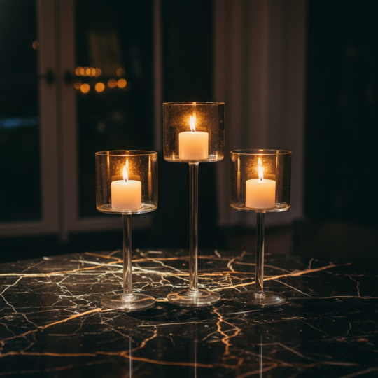 Luminé Trio — Borosil Glass Candle Stands (Set of 3)