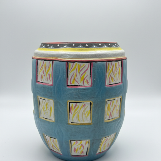 HandPainted Blue-Check Terracotta Planter