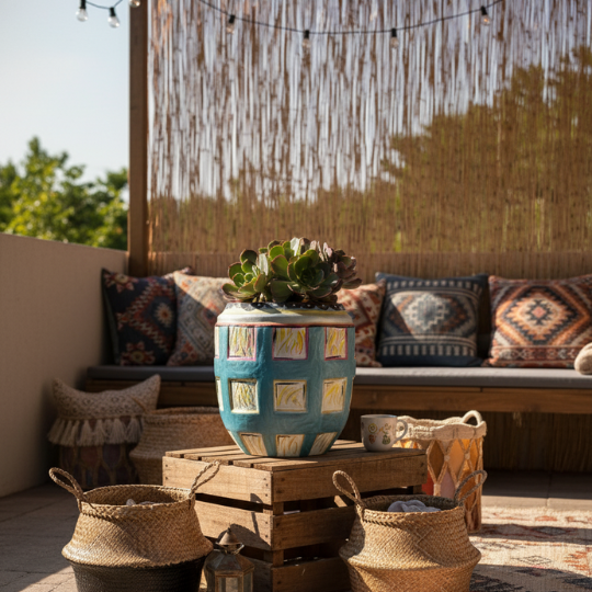 HandPainted Blue-Check Terracotta Planter