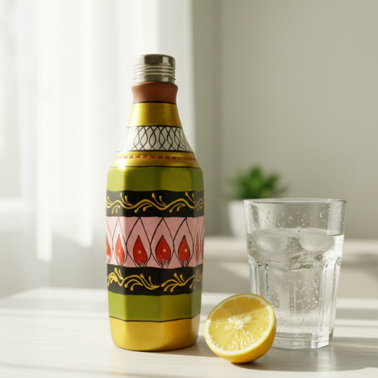 Handpainted Folk Rhythm Terracotta Bottle