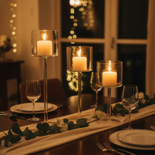 Luminé Trio — Borosil Glass Candle Stands (Set of 3)